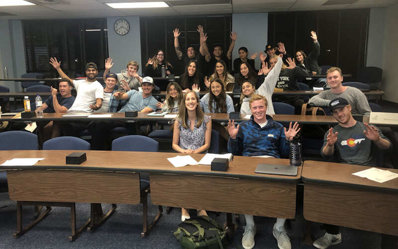 Professor Leah sits front and center for Wednesday's lecture.